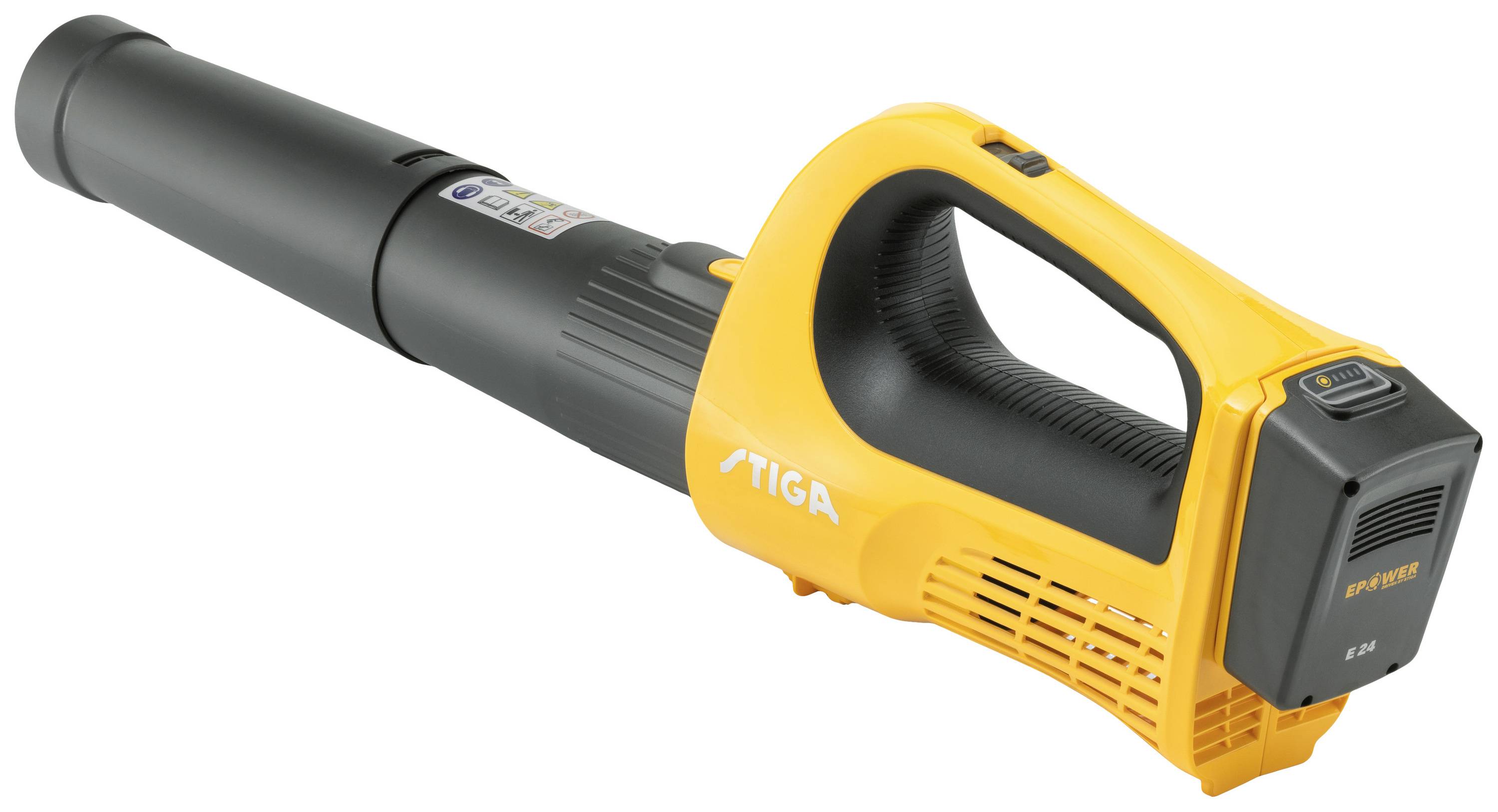 A battery-powered leaf blower in black and yellow with an ergonomic handle. Ideal for removing leaves in gardens.