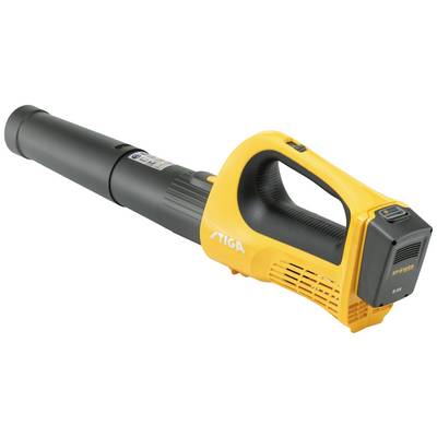A battery-powered leaf blower in black and yellow with an ergonomic handle. Ideal for removing leaves in gardens.