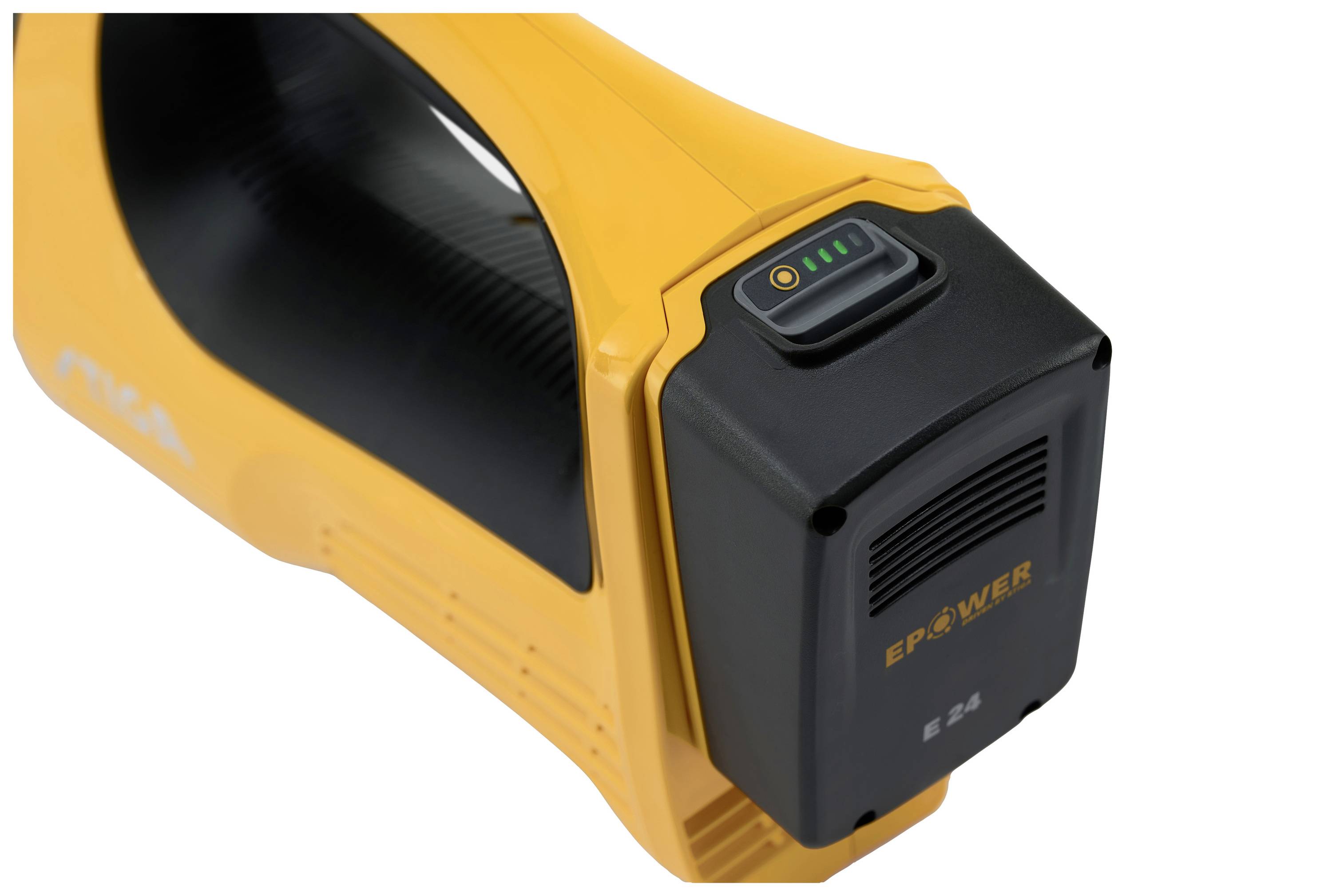 Yellow electrical device with a black handle. Indicator lights and 'EPower' logo on the battery unit.