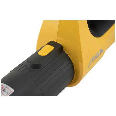 A detail of a yellow electrical device with a black handle and yellow switch. The device is marked with the label 'Stiga'.