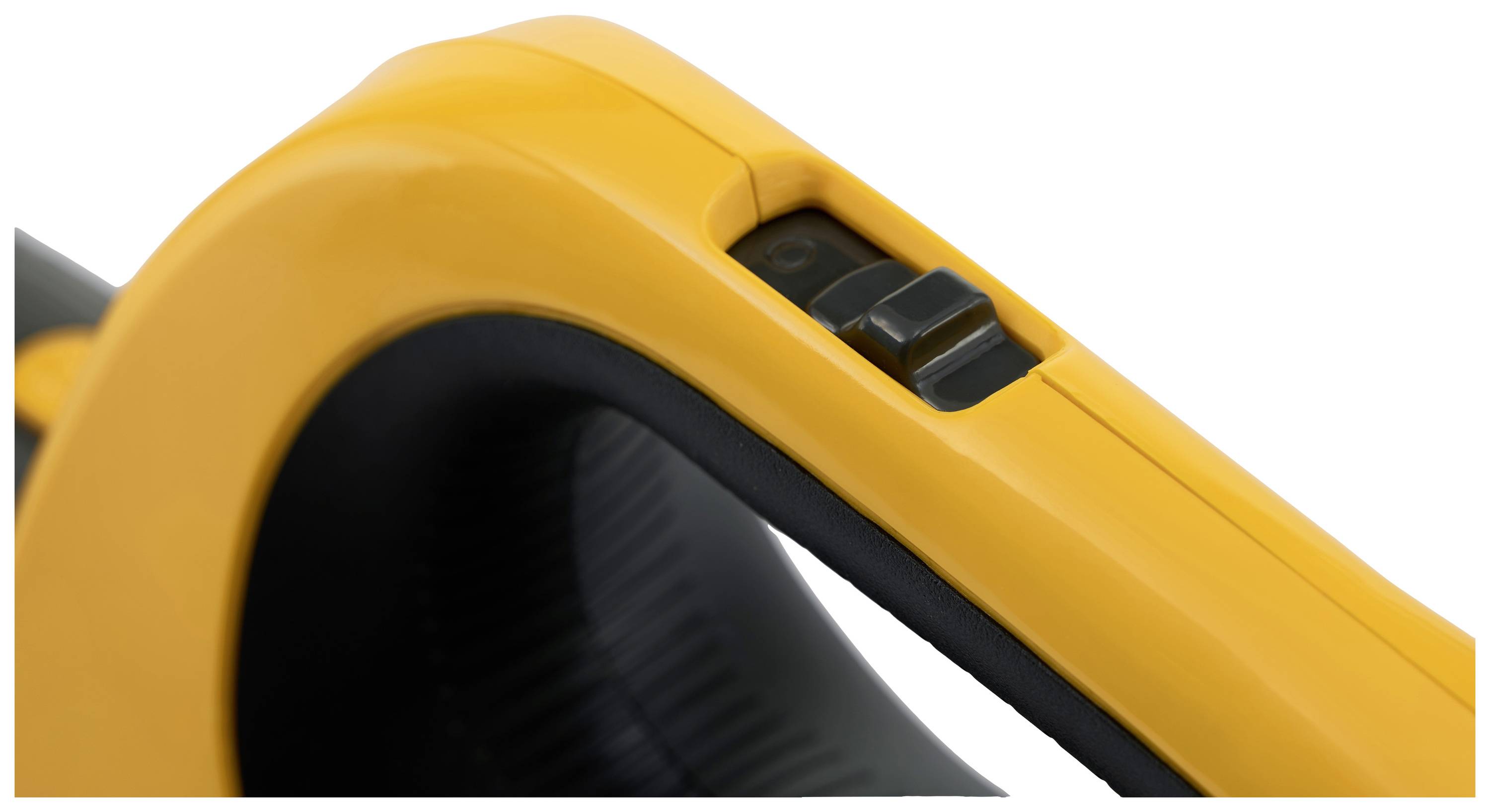 A yellow and black handle with a switch, presumably from a tool or device. The switch has two positions.