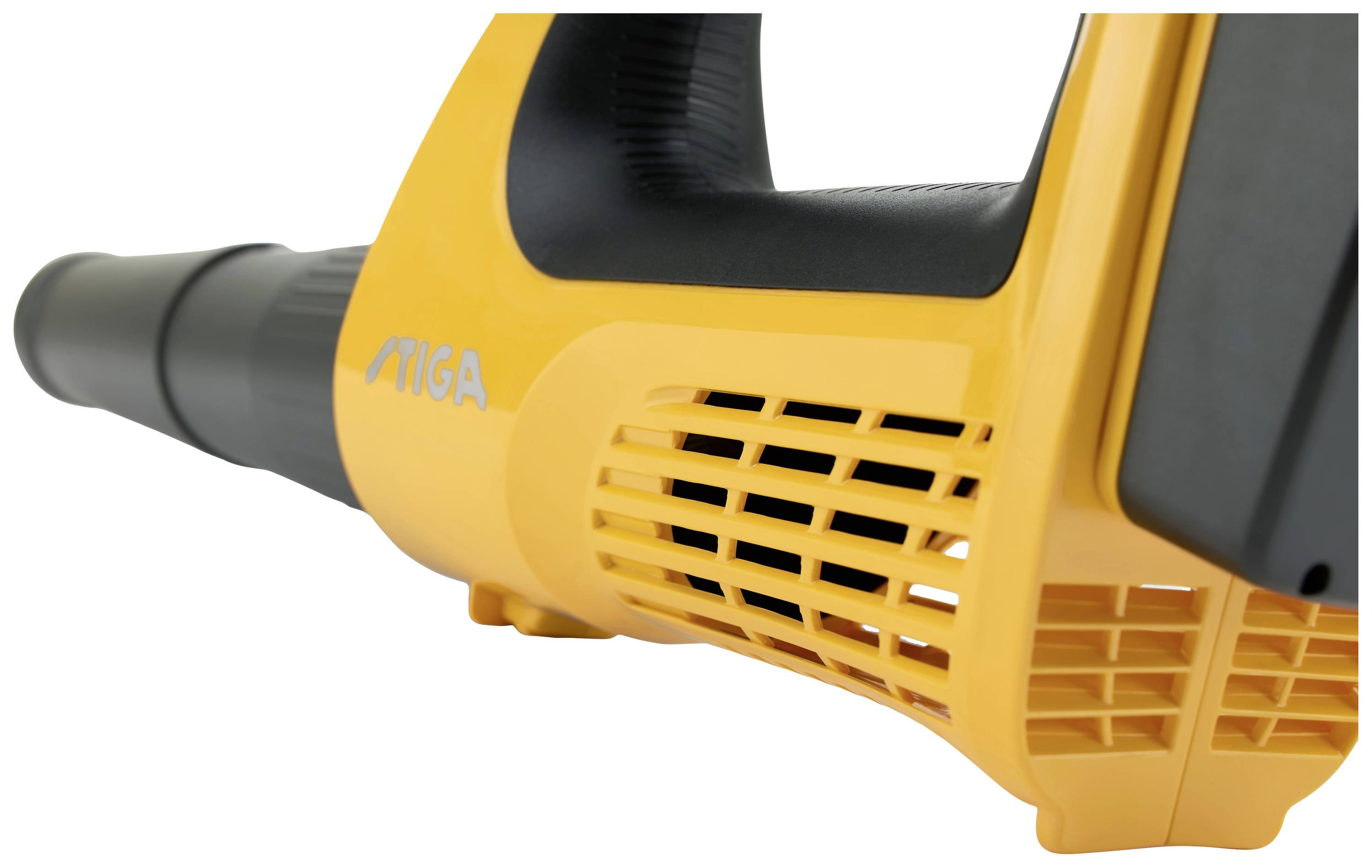 A yellow leaf blower with a black handle and nozzle, suitable for removing leaves and debris.