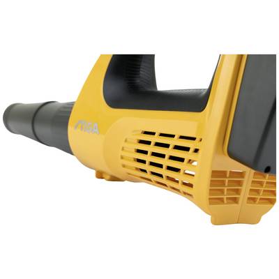 A yellow leaf blower with a black handle and nozzle, suitable for removing leaves and debris.