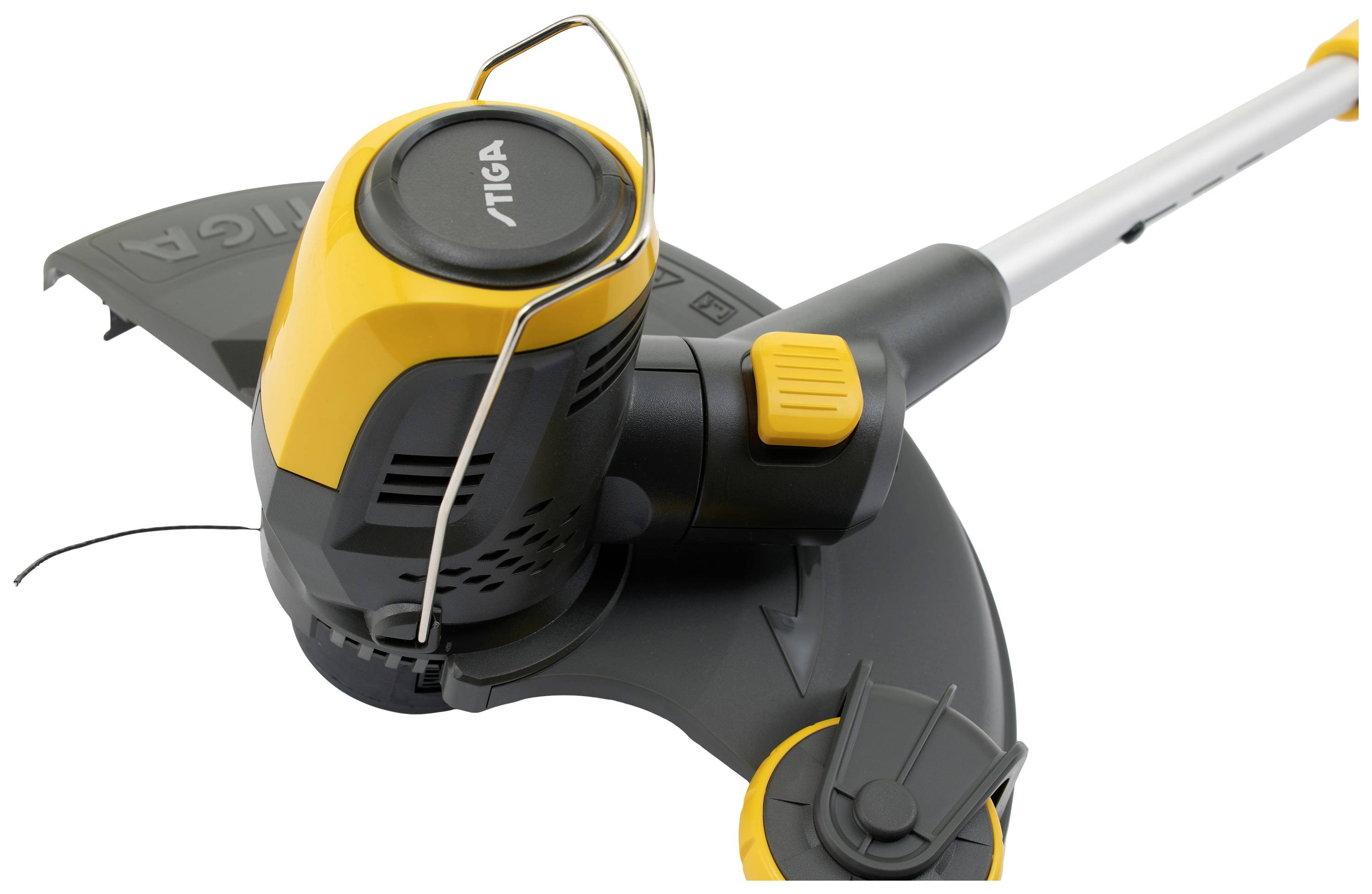 An electric lawn trimmer with a yellow and black design. It has a handle and a protective shield over the cutting head.