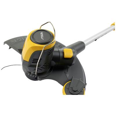 An electric lawn trimmer with a yellow and black design. It has a handle and a protective shield over the cutting head.