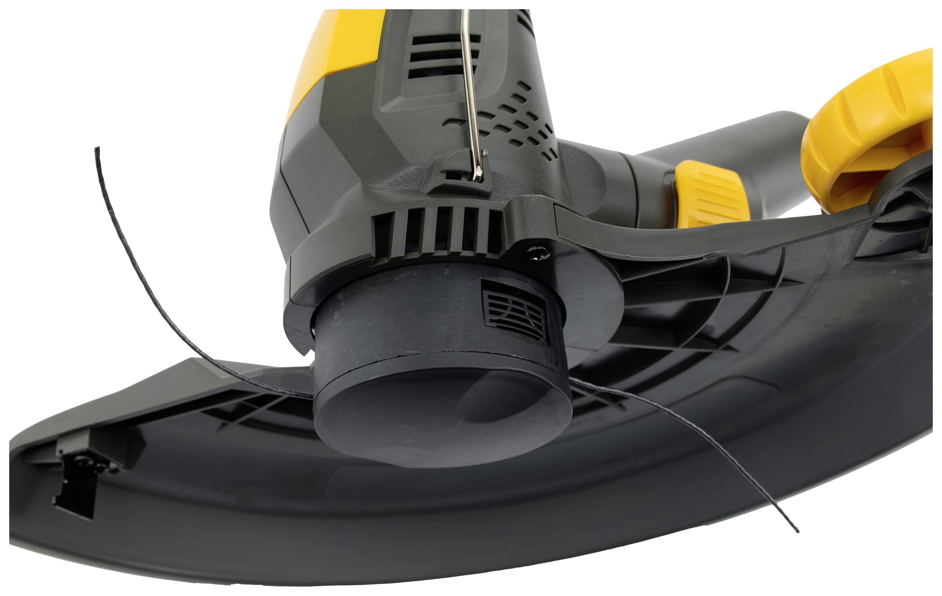 Close-up of a lawn trimmer with a black protective shield and yellow accents. Two lines protrude from the automatic line spool head.