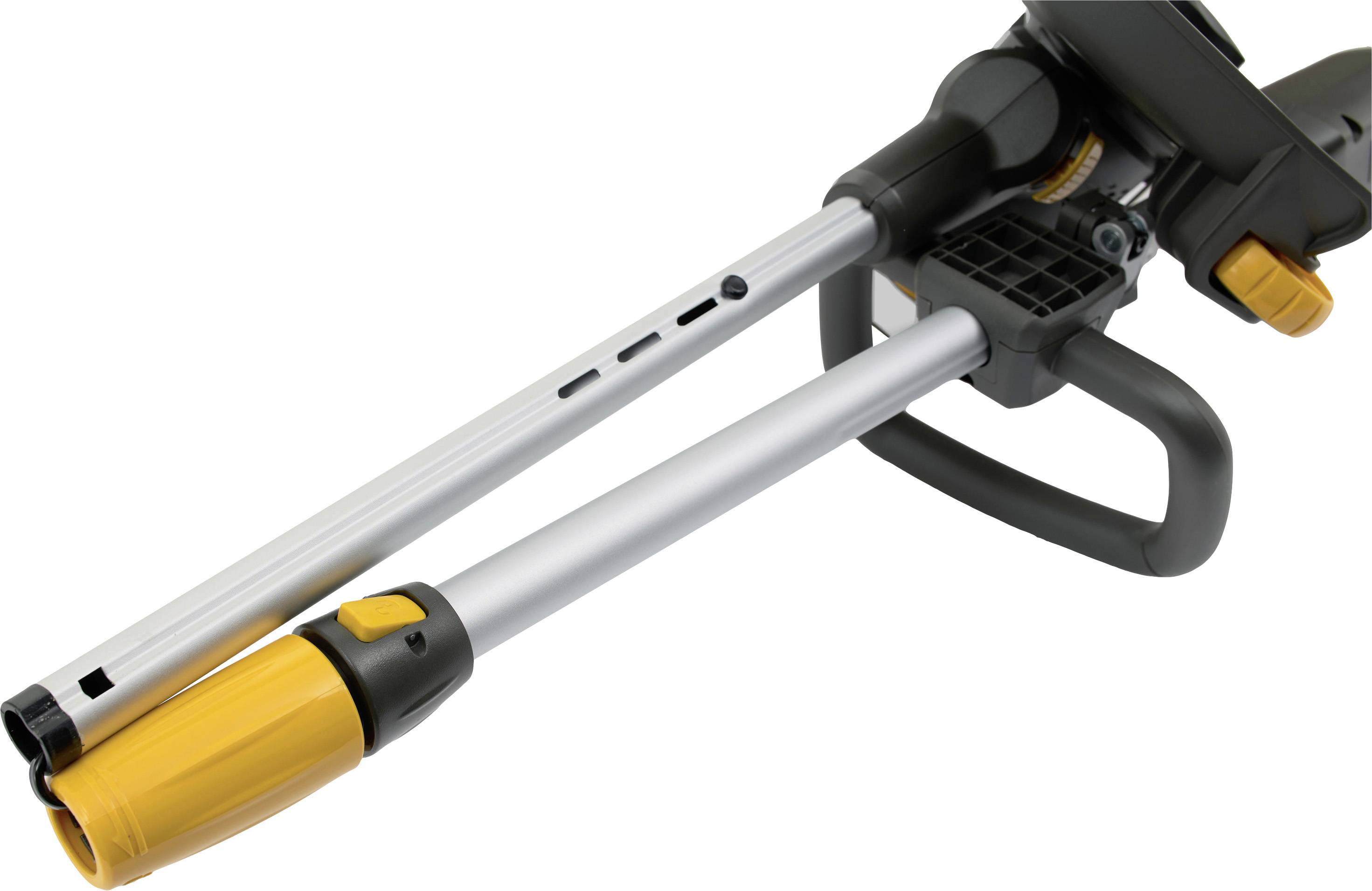 Long garden shears with silver metal tubes and yellow accents. Suitable for cutting or trimming branches and shrubs.