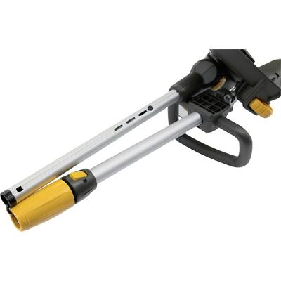 Long garden shears with silver metal tubes and yellow accents. Suitable for cutting or trimming branches and shrubs.
