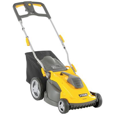 A yellow and grey lawnmower with a grass collection box and large wheels stands upright. Ideal for small to medium-sized gardens.