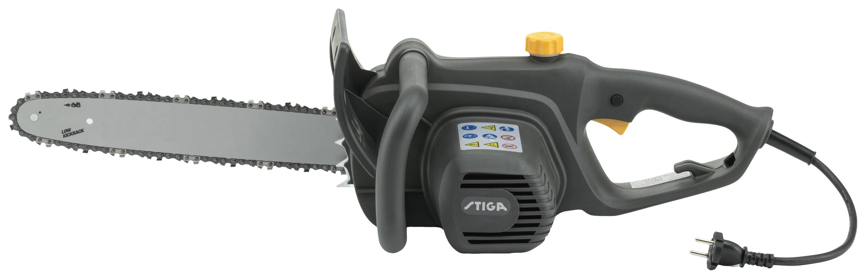 Electric chainsaw with a black housing and grey saw chain. An orange switch and safety handle are visible.