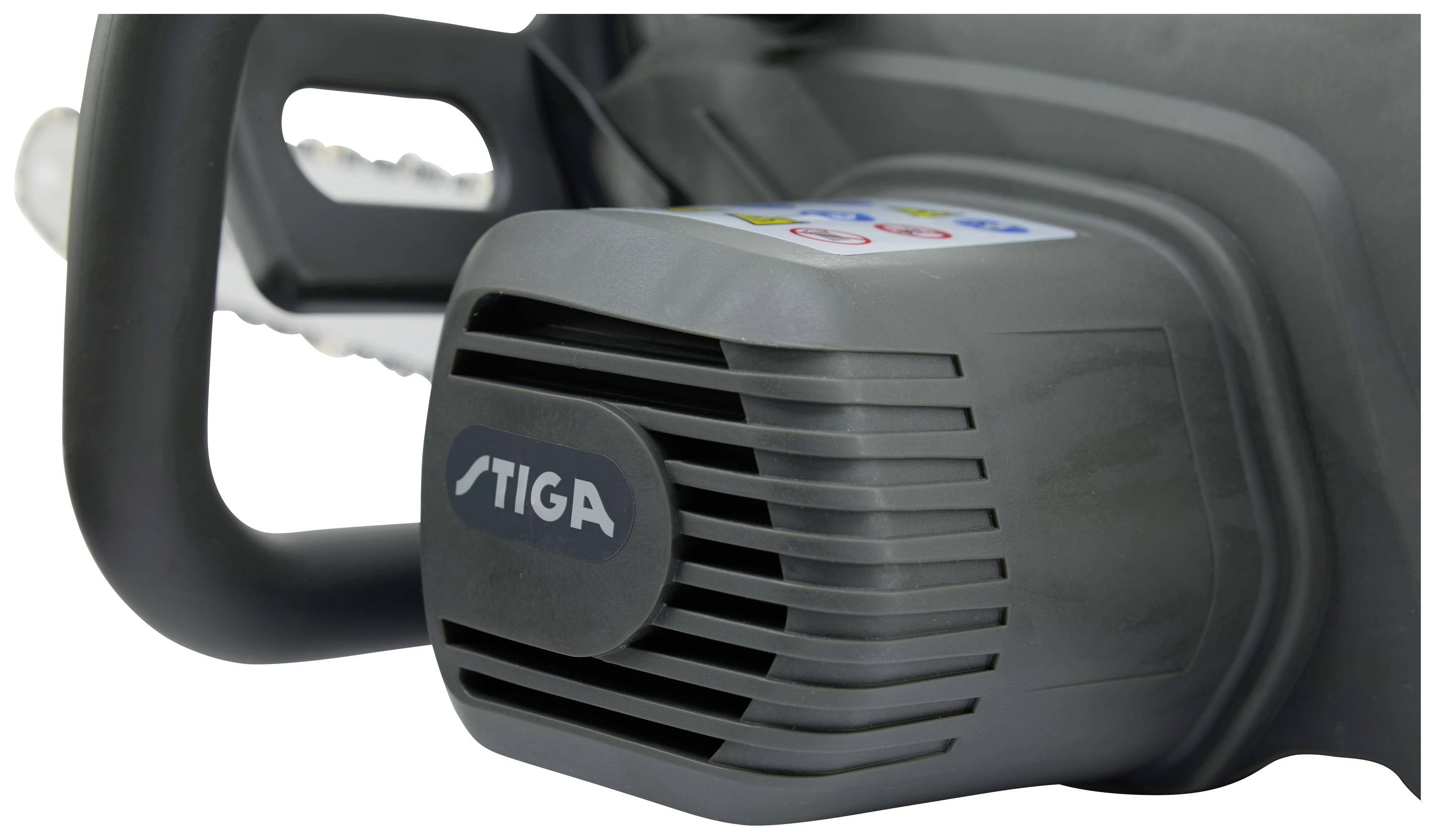 Electric chainsaw by STIGA with grey housing and black handle, suitable for light to medium cutting tasks in the garden.