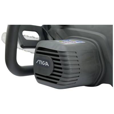 Electric chainsaw by STIGA with grey housing and black handle, suitable for light to medium cutting tasks in the garden.
