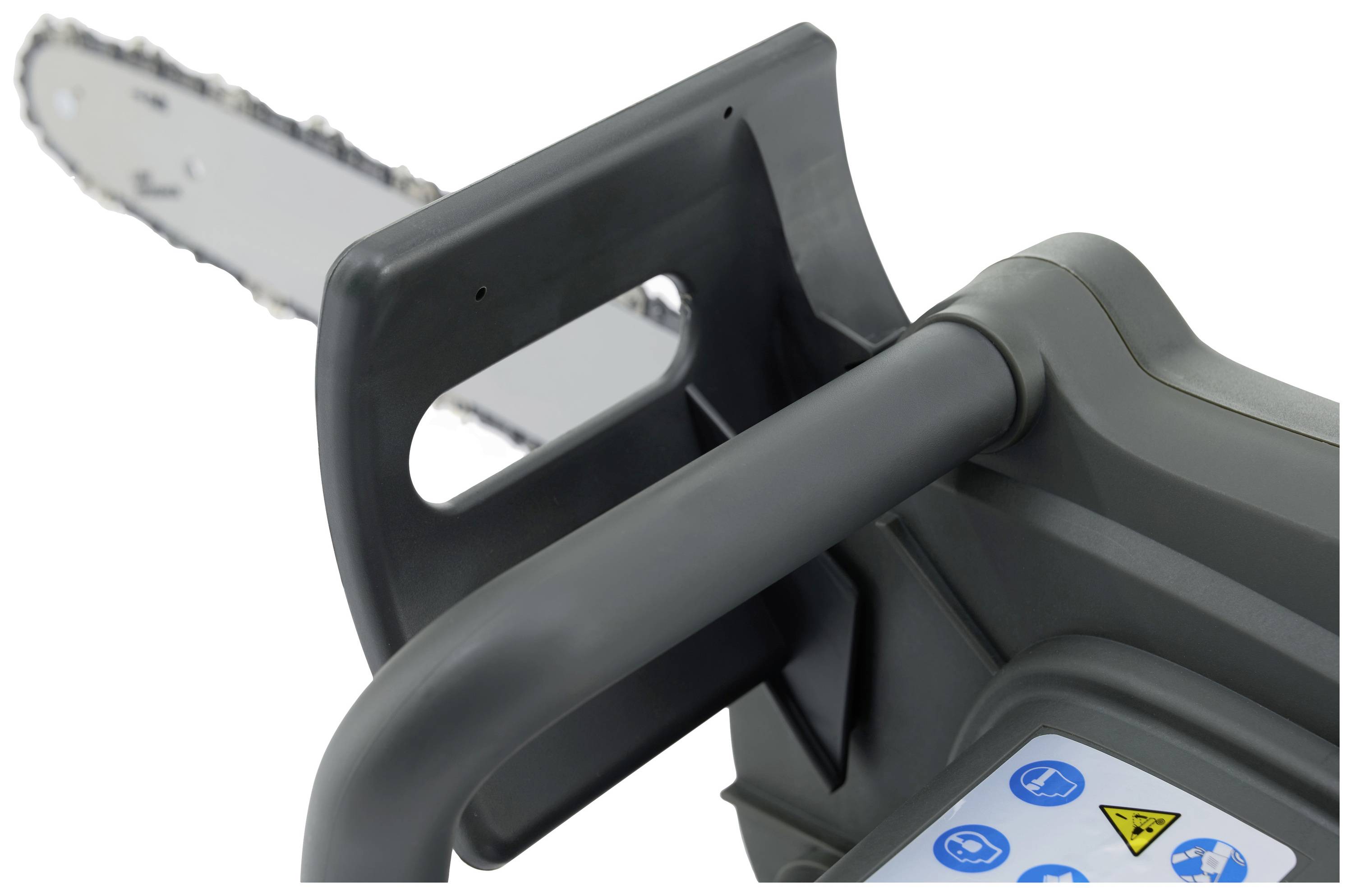 Close-up of a chainsaw with a grey handle and chain section, displaying a safety sign. Focus on the operating area.