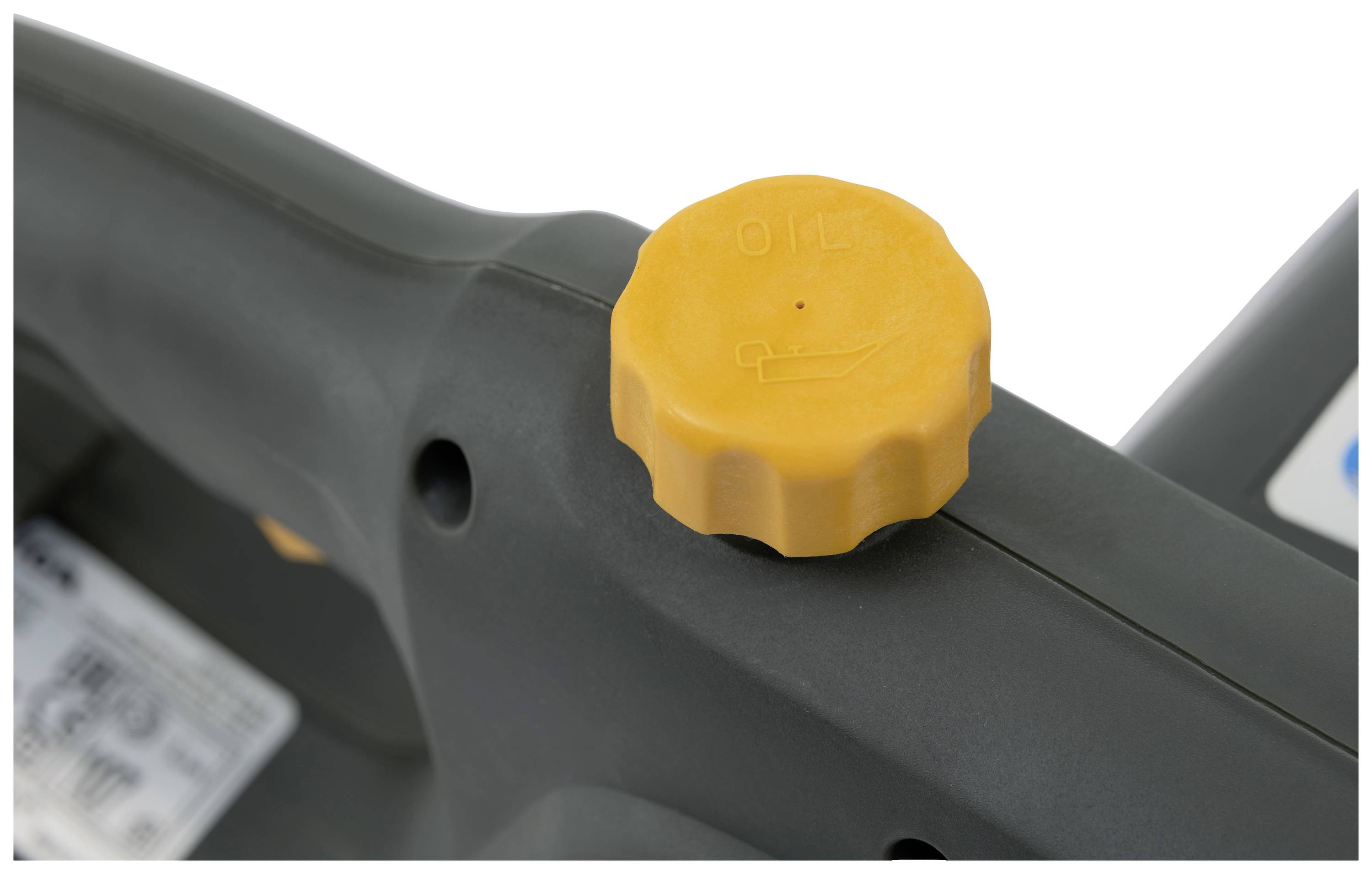 A black plastic handle with a yellow screw cap marked with an oil symbol, likely for a machine.