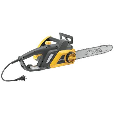 Electric chainsaw with an orange and black casing and integrated power cable.