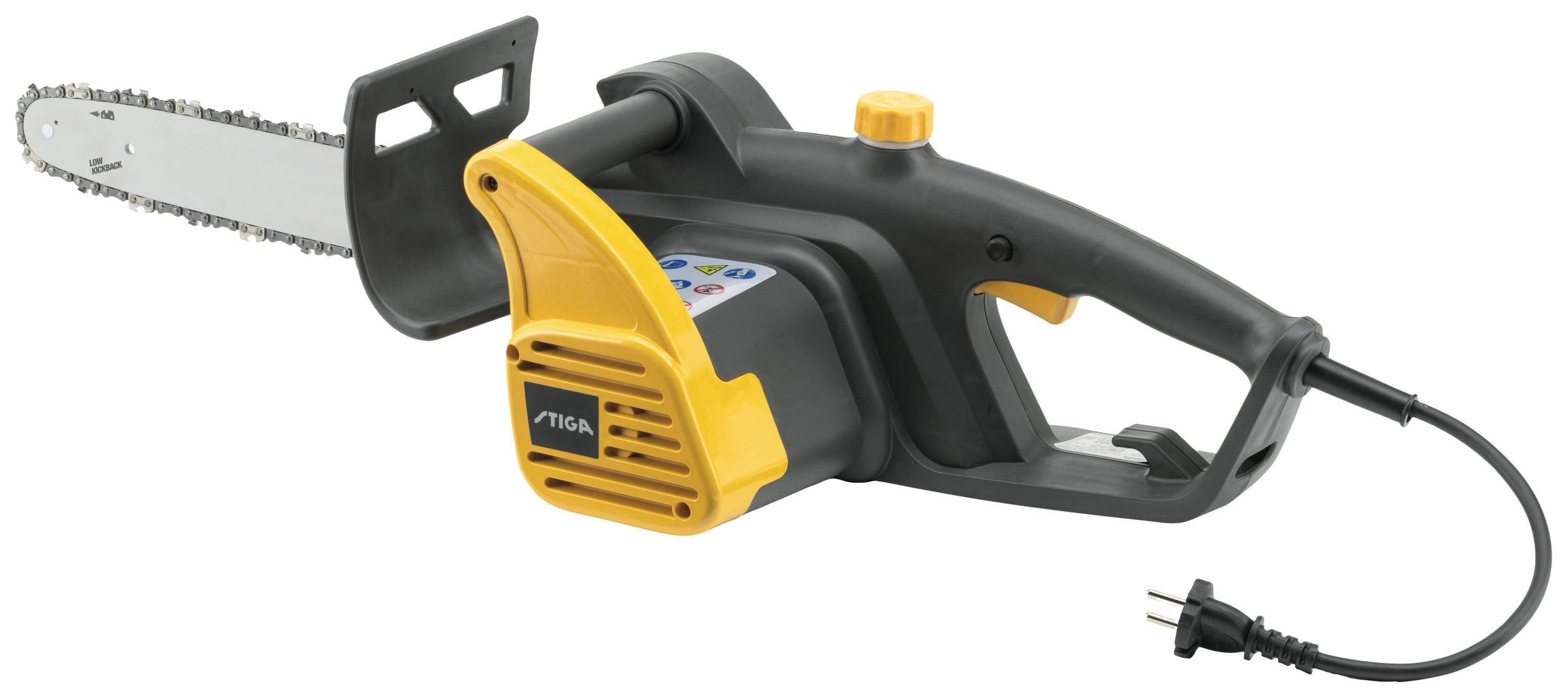 Electric chainsaw with black and yellow casing, suitable for light to medium cutting tasks in the garden.