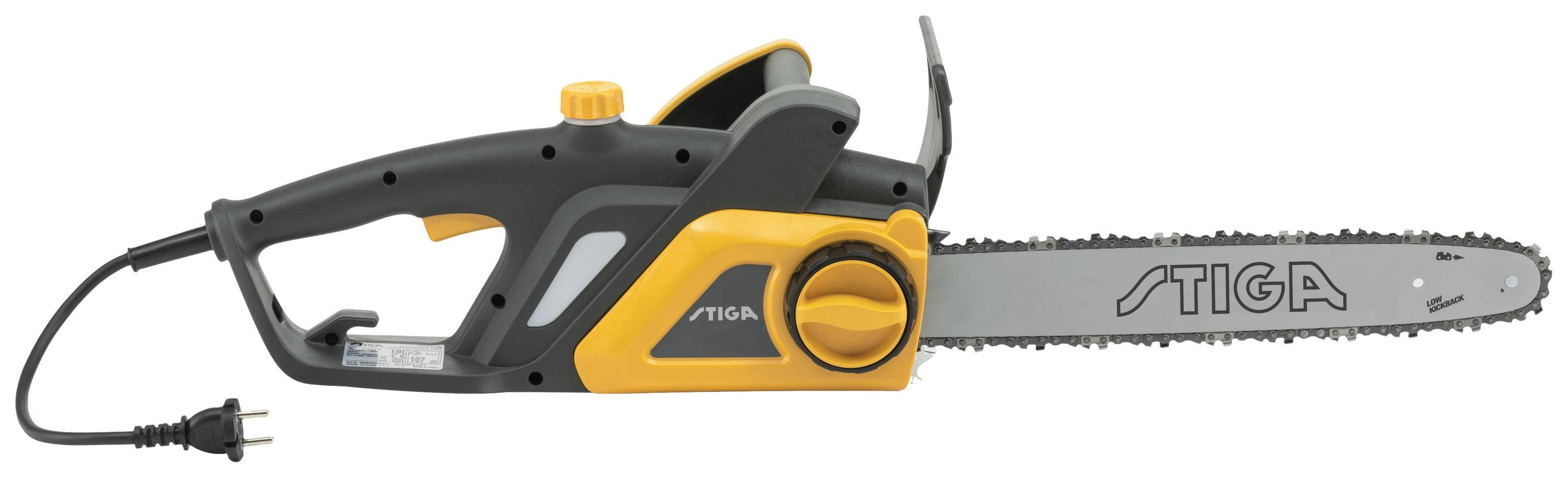 Electric chainsaw in black and orange, 'STIGA' brand, with cable. Suitable for woodcutting and garden maintenance.