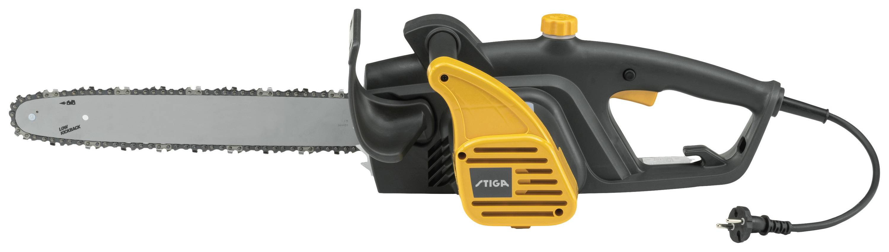 Electric chainsaw with a long bar, black handle and orange casing, for cutting wood.