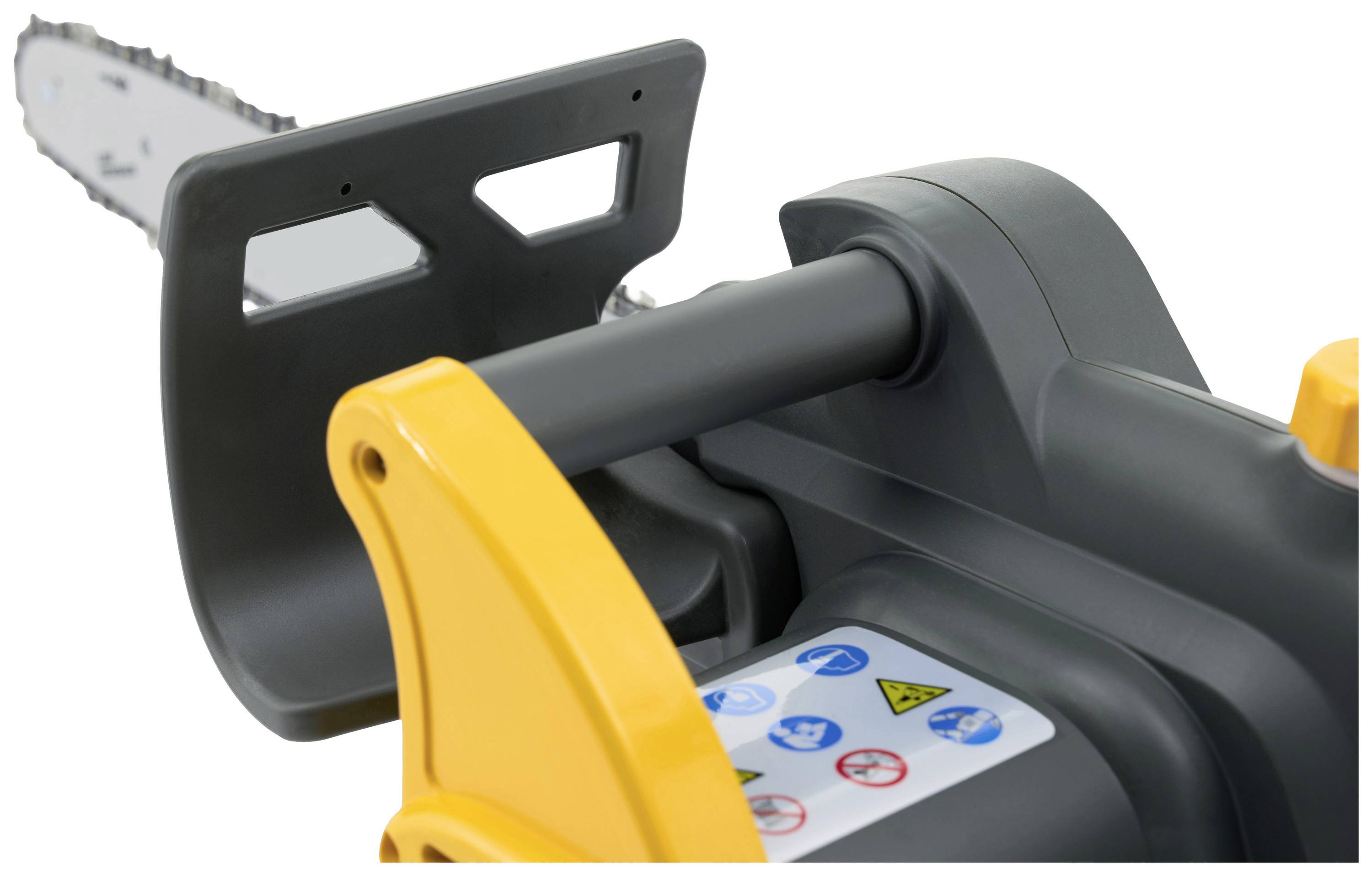 Chainsaw with a grey handle and yellow guard. Safety stickers with symbols and warnings are visible.