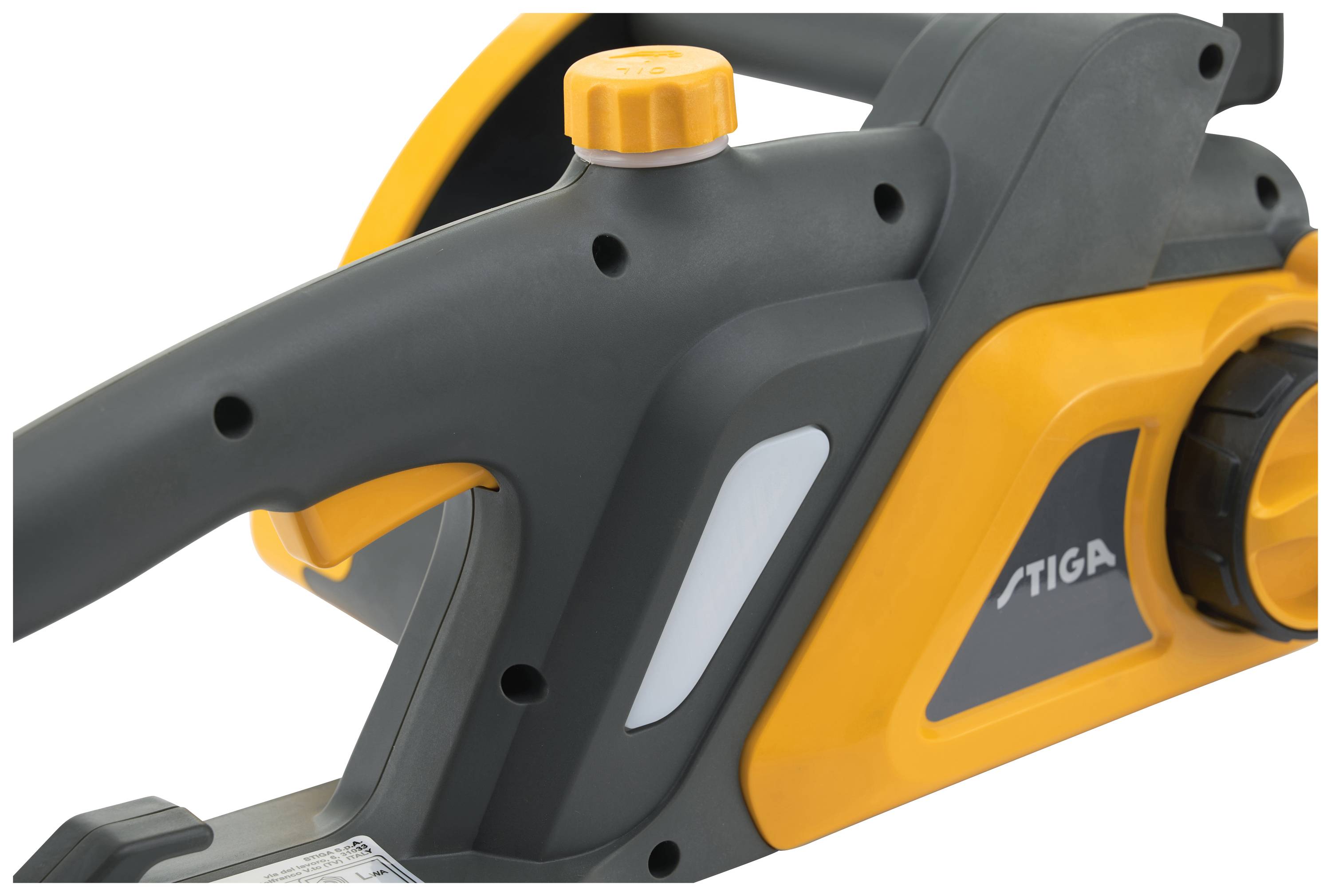 Yellow and grey electric saw with a black handle and yellow adjustment knob.