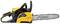 A Stiga chainsaw, yellow and black, lies on its side. It has an ergonomic handle and a silver chain bar with the logo.