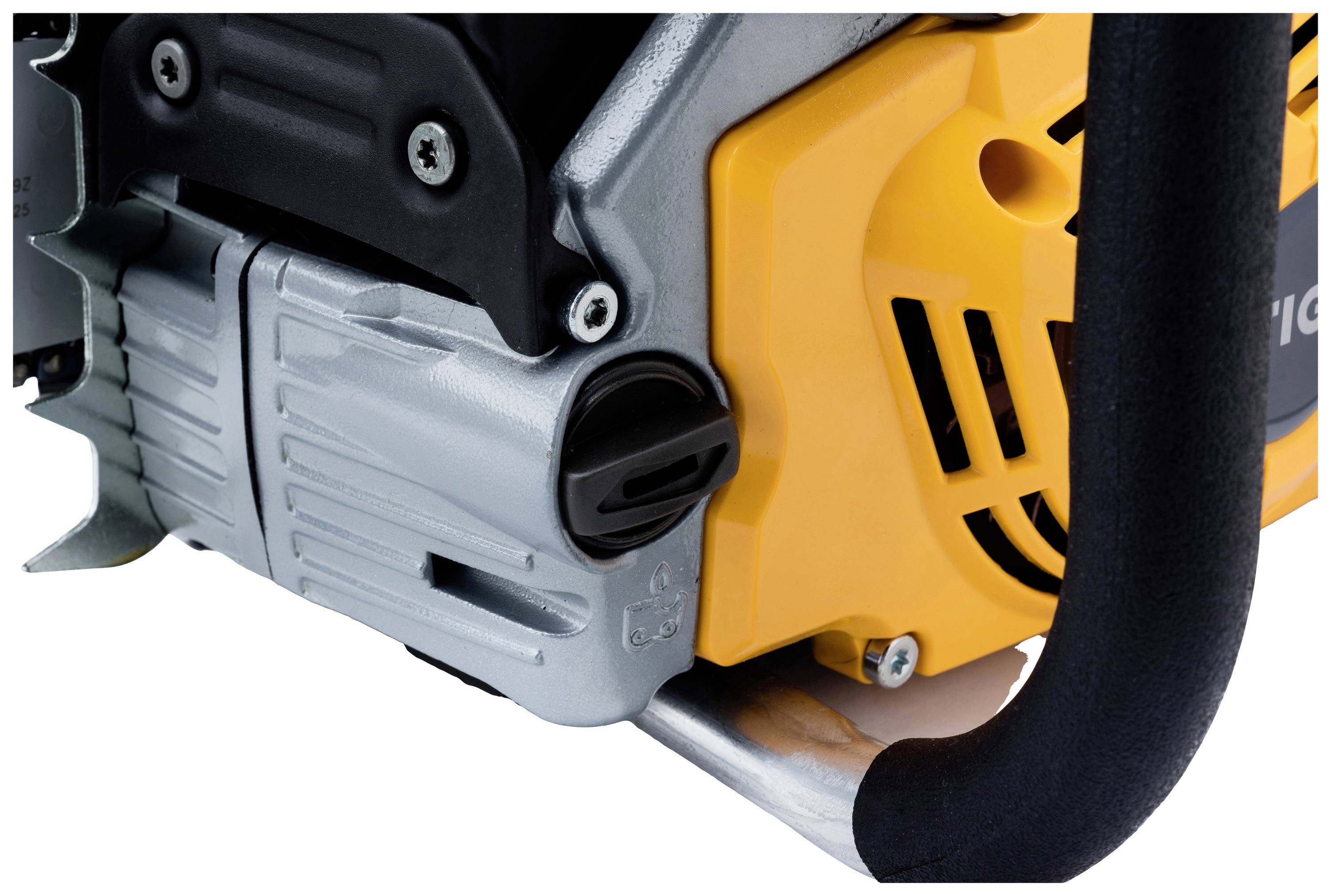 View of a chainsaw engine with a yellow housing, black handle, and silver components.