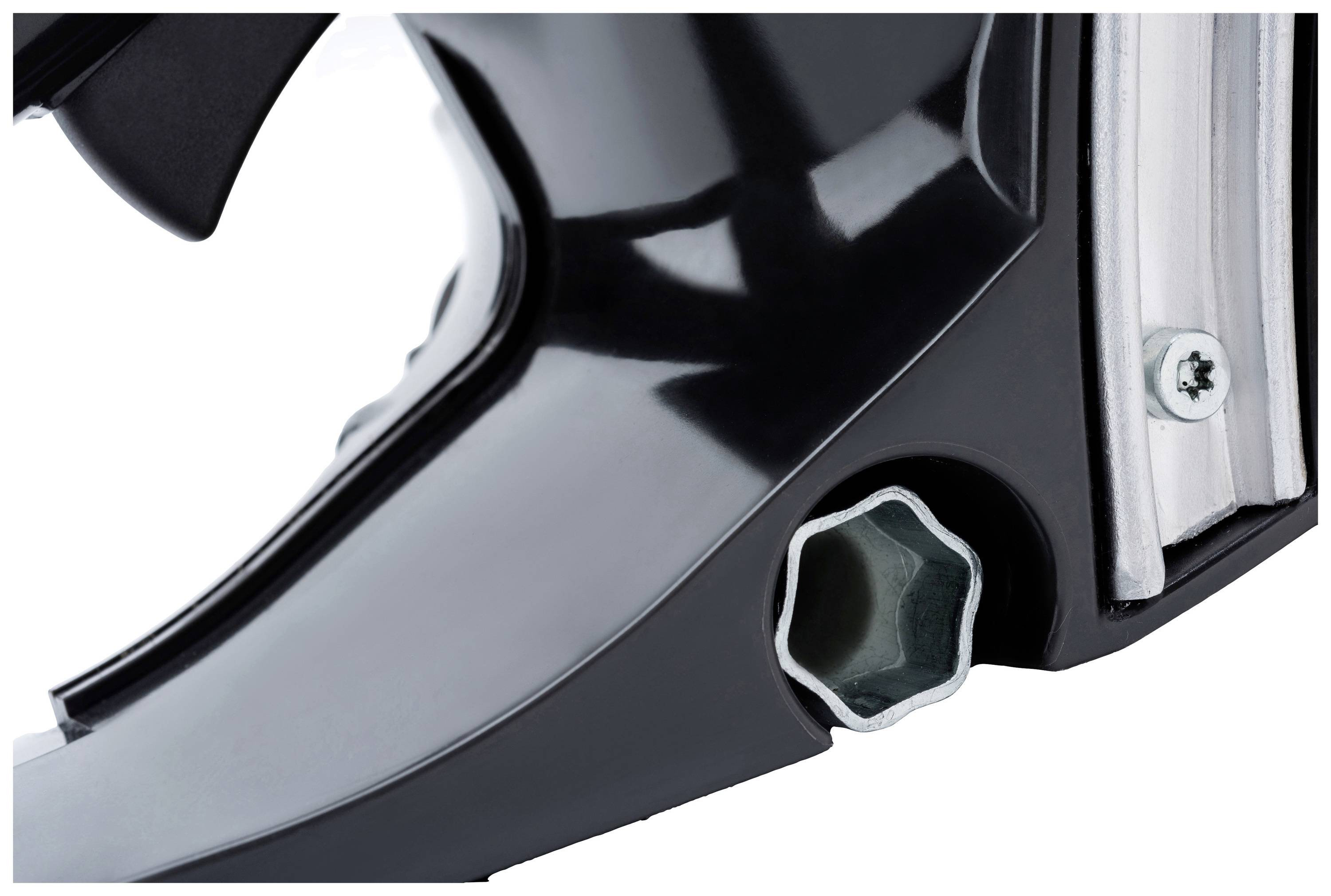 Black glossy plastic component with a silver screw and hexagonal design element.
