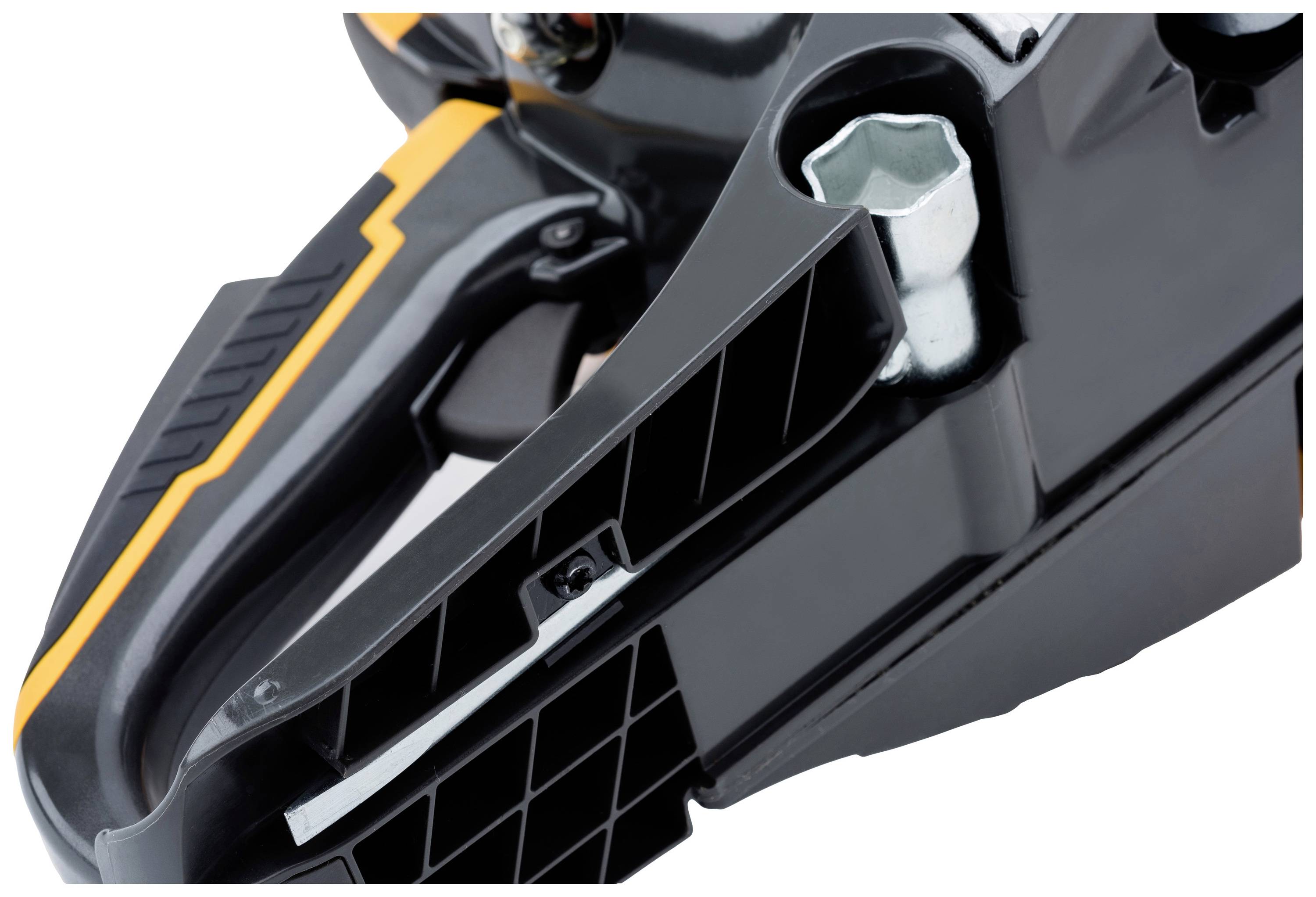 A section of a black, electric tool with a yellow stripe and a silver hexagonal spanner on the side.