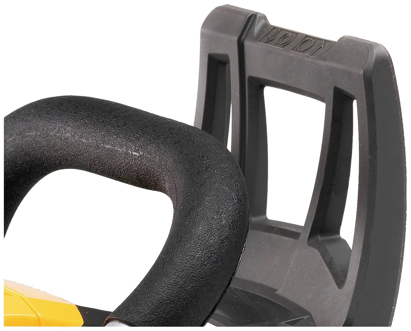 Close-up of a black handle of a tool with a grey protective shield in the background.