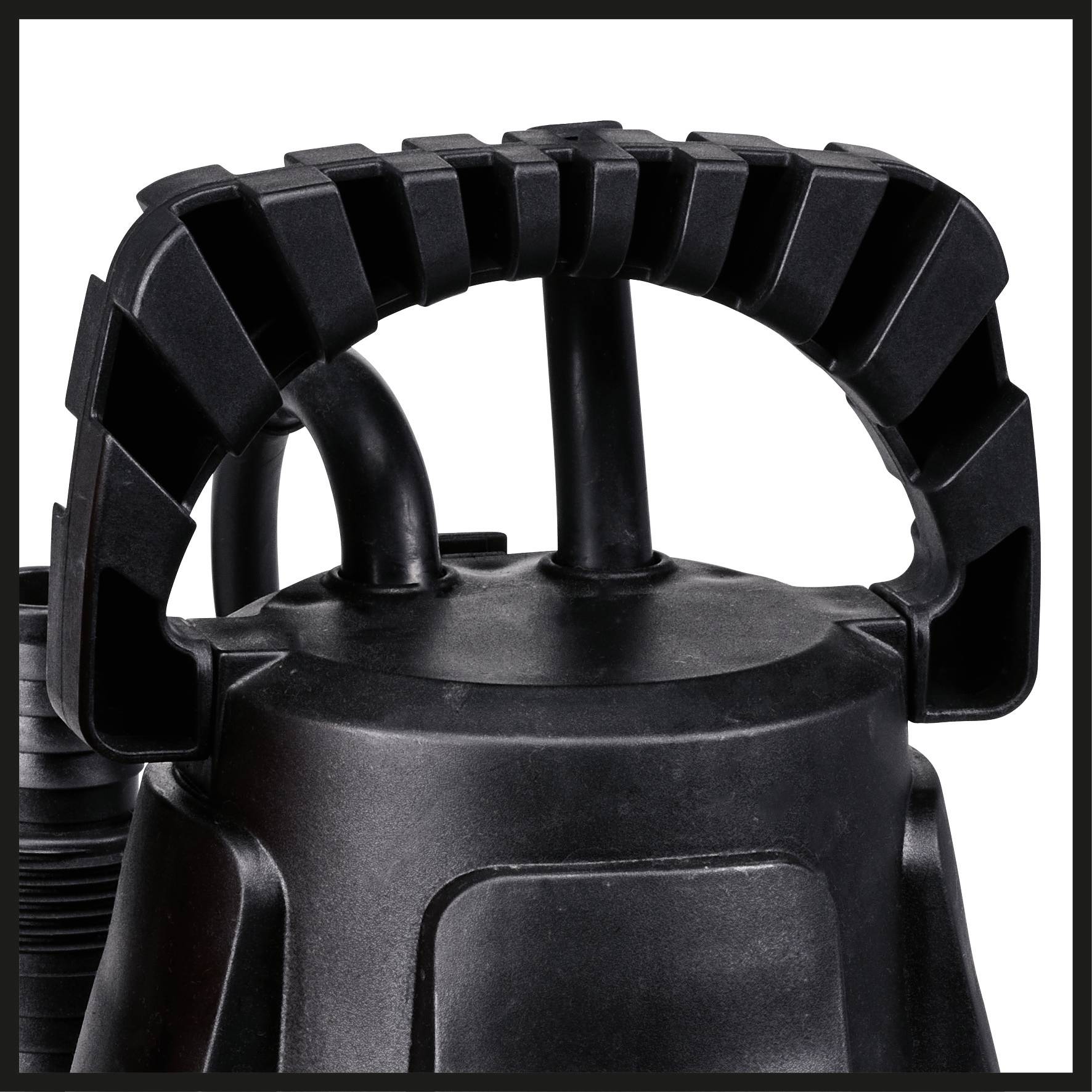 Black, robust plastic pump handle surface with non-slip texture, suitable for portable outdoor applications.