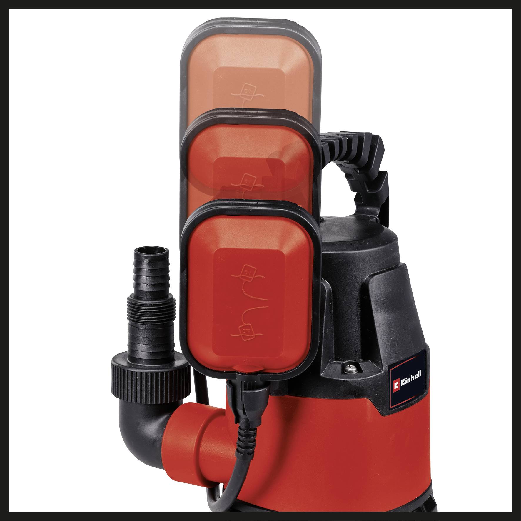 'Submersible pump in black and red with three float switches for different water levels, equipped with side water connection.'