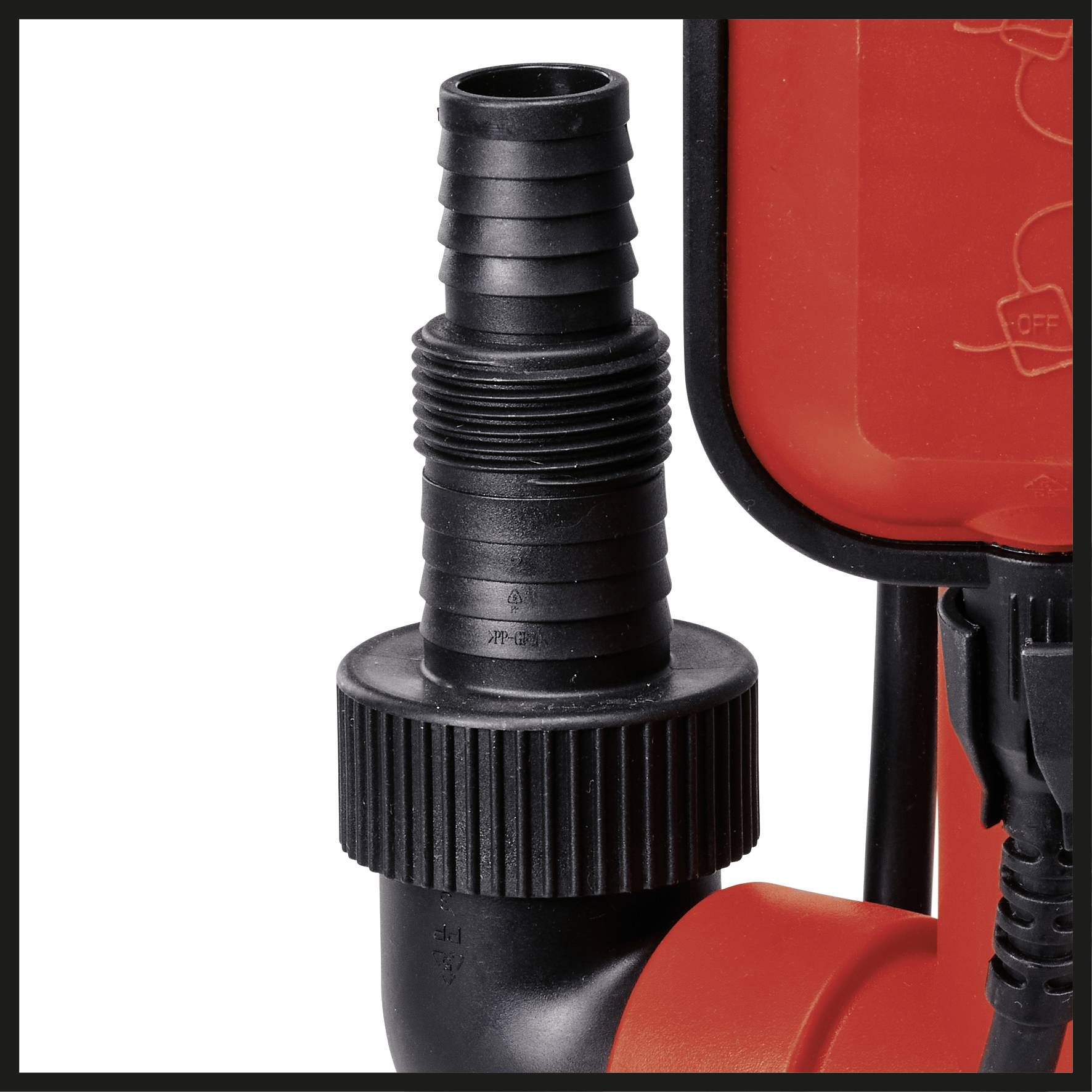 Black hose adaptor with a ribbed end, connected to a red device. Used for securing hoses to machinery.