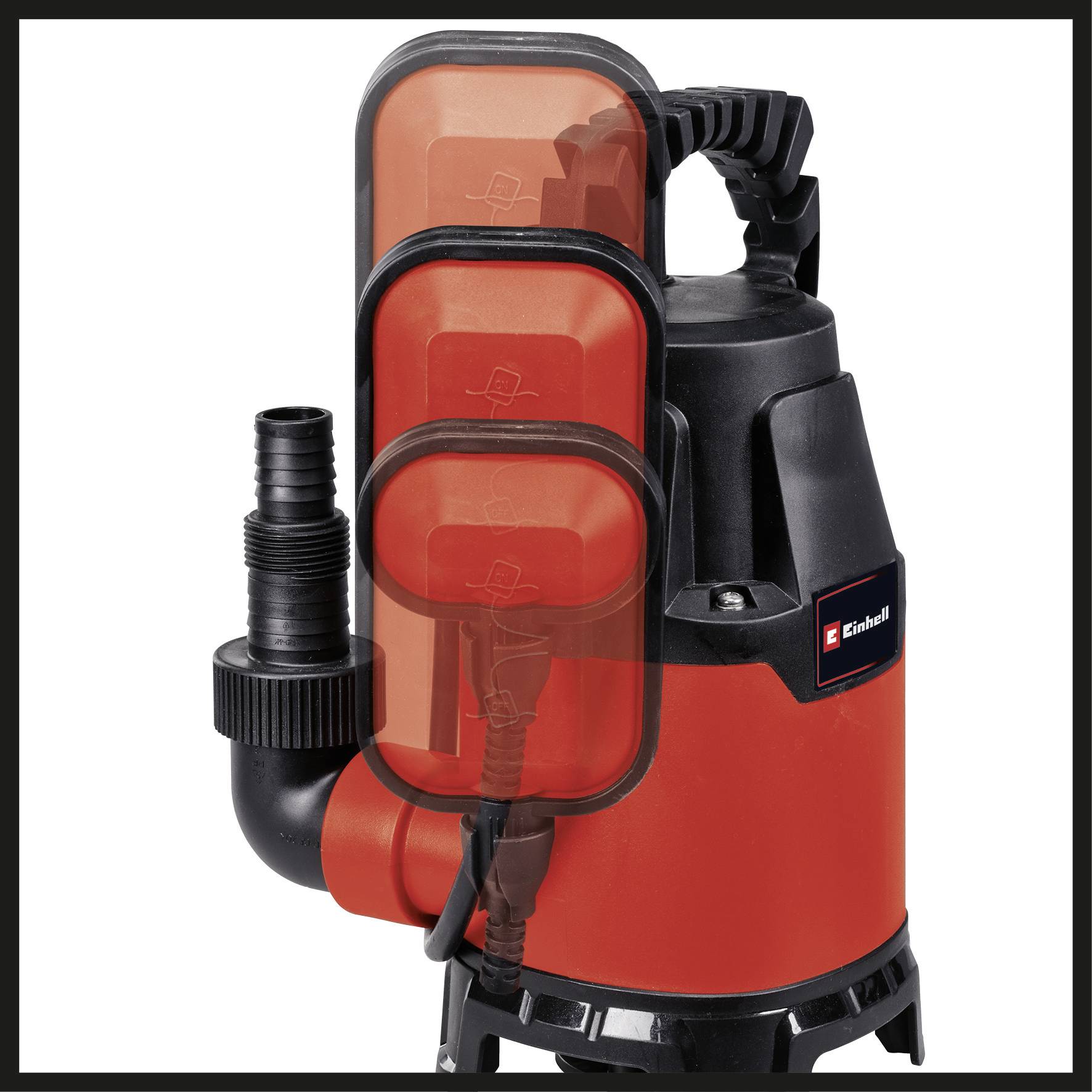 A red water pump with a black hose connection and carrying handle, suitable for ponds or basement water drainage.