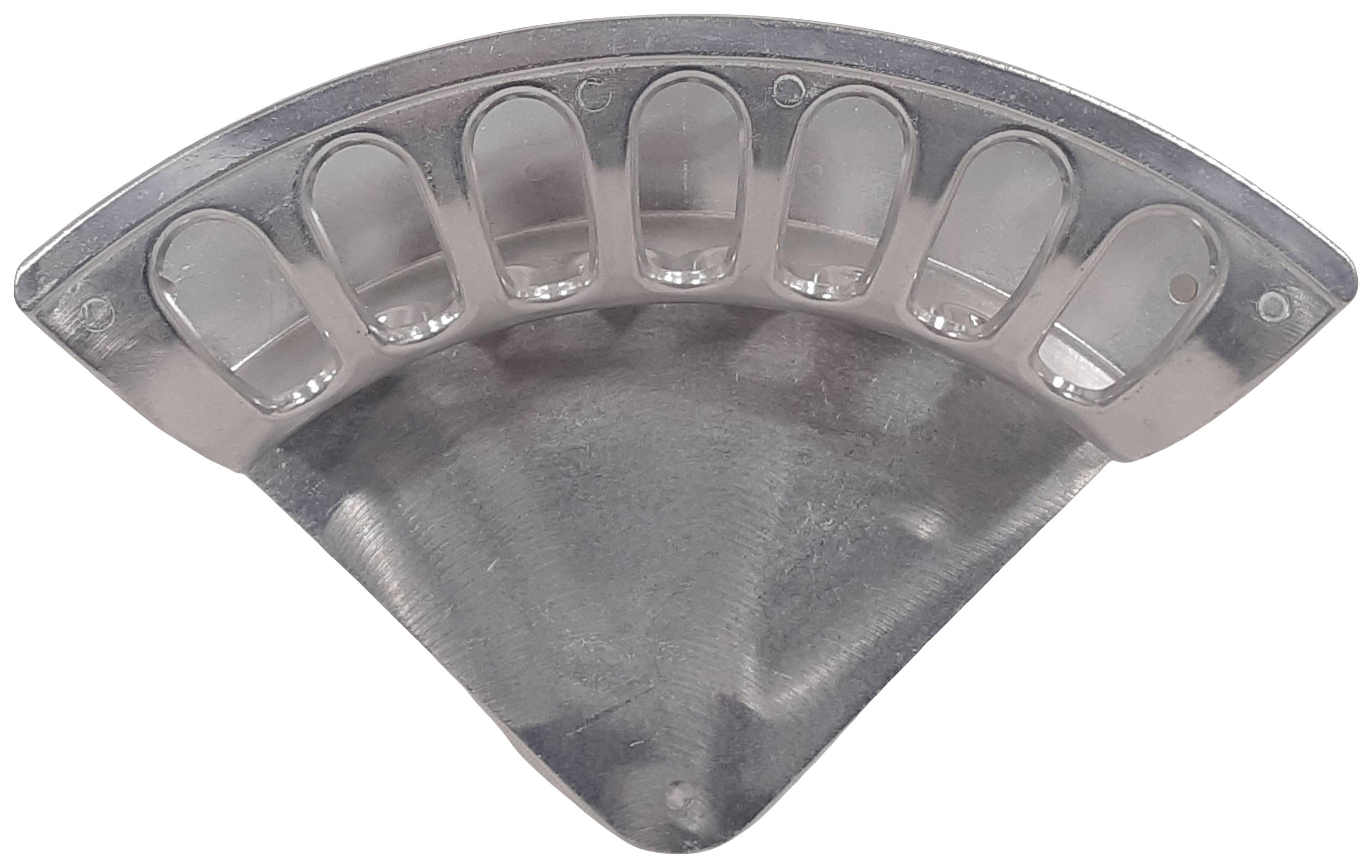 A semi-circular, shiny metal dental impression tray with multiple separate tooth compartments, used in dentistry.