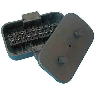 Black electrical socket with an open lid, several screw terminals for cable connection are visible.
