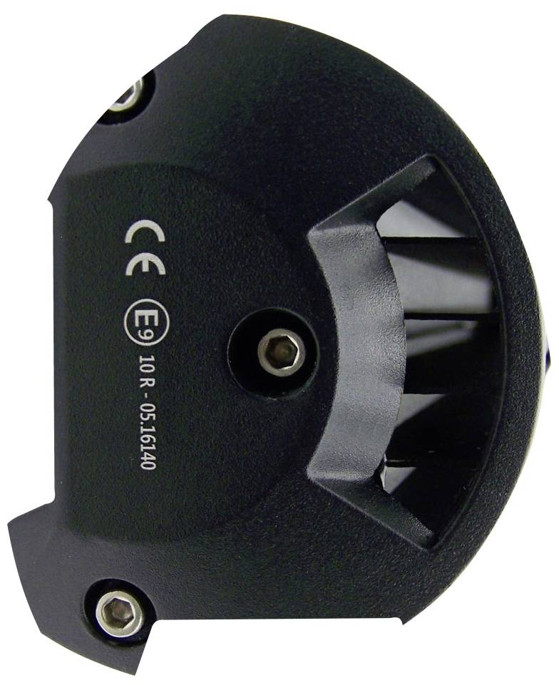 Black, semi-circular device with screws and certification marking. Possibly a technical component or sensor housing.