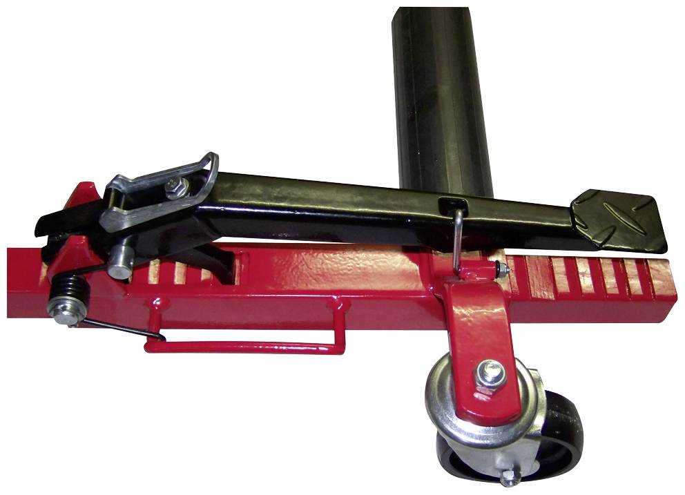 A red jack with a black lever, mounted on a wheel. Suitable for lifting vehicles or heavy loads.