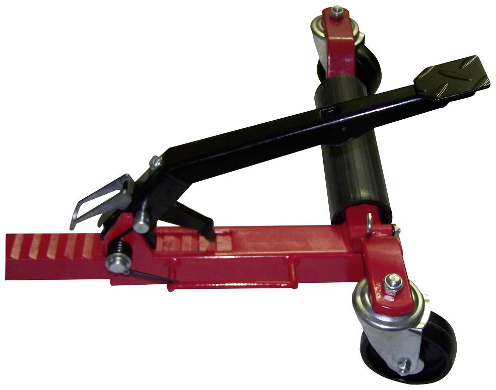 Red and black trolley jack with pedal. Used to lift and move vehicles.