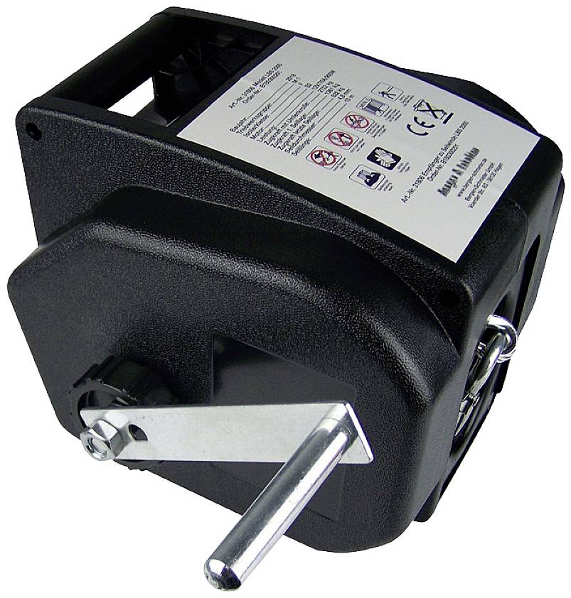 Manual mechanical crank machine with handle and labelled surface. Used to generate electricity by manual turning.