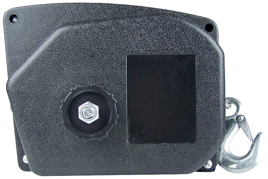 Black hand winch with metal hook, suitable for pulling loads. Features a central rotary knob for operation.