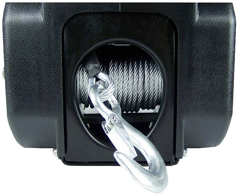 Electric winch with metal hook, coiled steel cable and black casing, designed for lifting heavy loads.