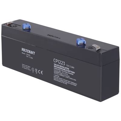 Black battery by VOLTCRAFT, model CP1223, 12V, 2.3Ah, with blue and red connectors on the top, suitable for emergency power supply.