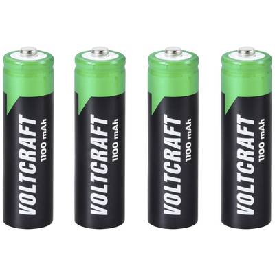 Four rechargeable VOLTCRAFT AA batteries, each 1100 mAh, lined up side by side. Primarily green and black.
