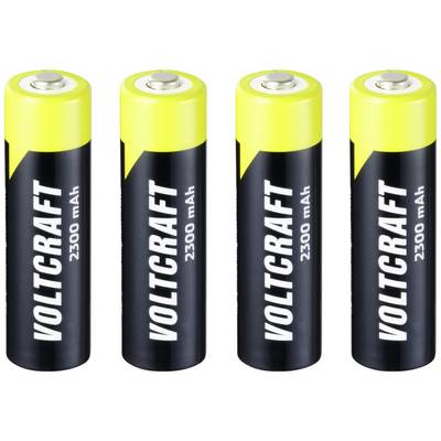 Four black and yellow Voltcraft batteries with 2300 mAh capacity, arranged in a row.