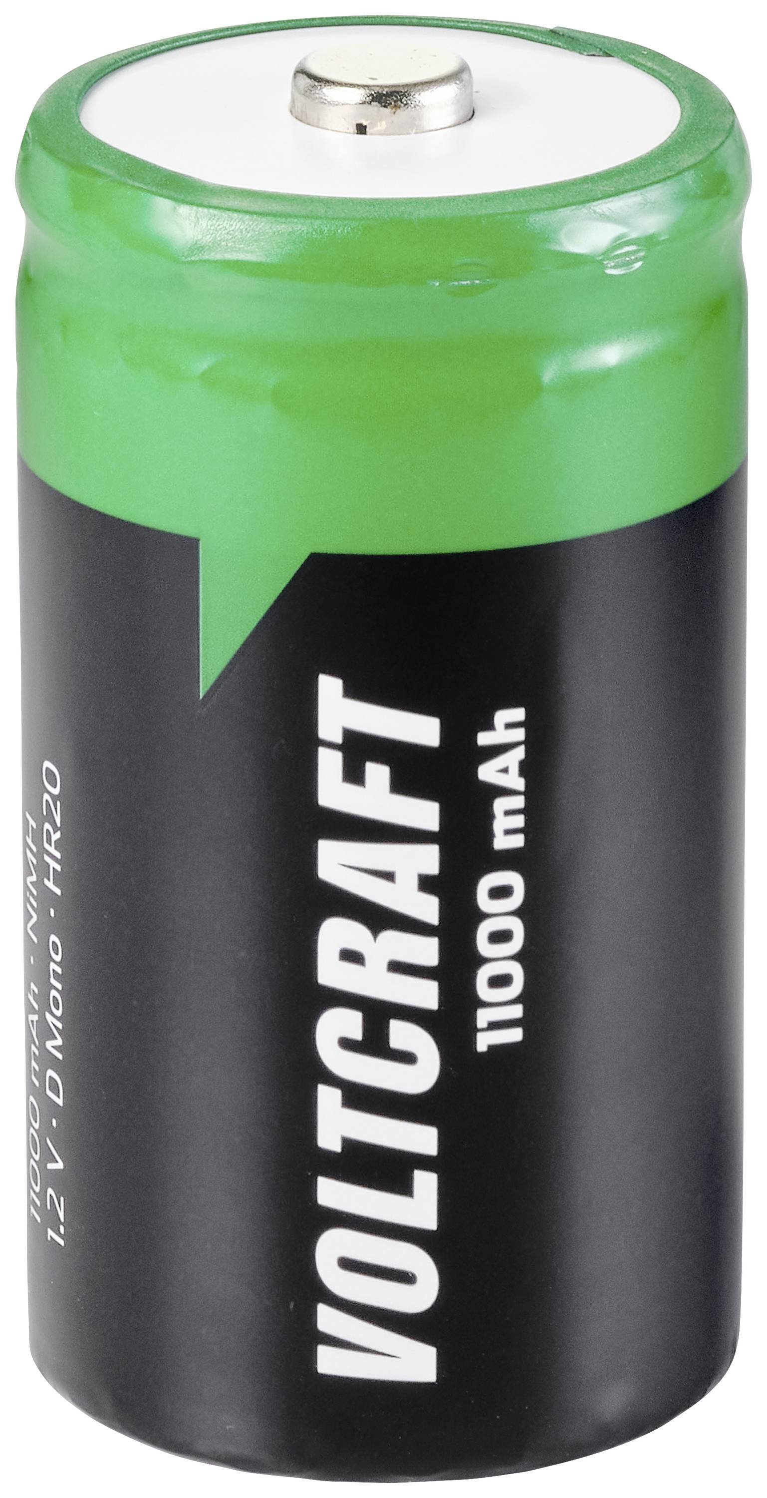 'Voltcraft 11000 mAh' battery with black and green casing and silver positive terminal at the top. Suitable for 1.2 V D Mono - HR20.