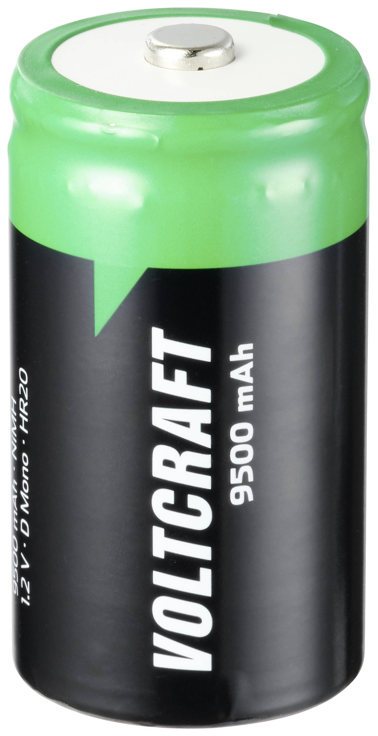 A green and black battery with the inscription 'Voltcraft 9500 mAh', type 1.2 V D Mono - HR20.