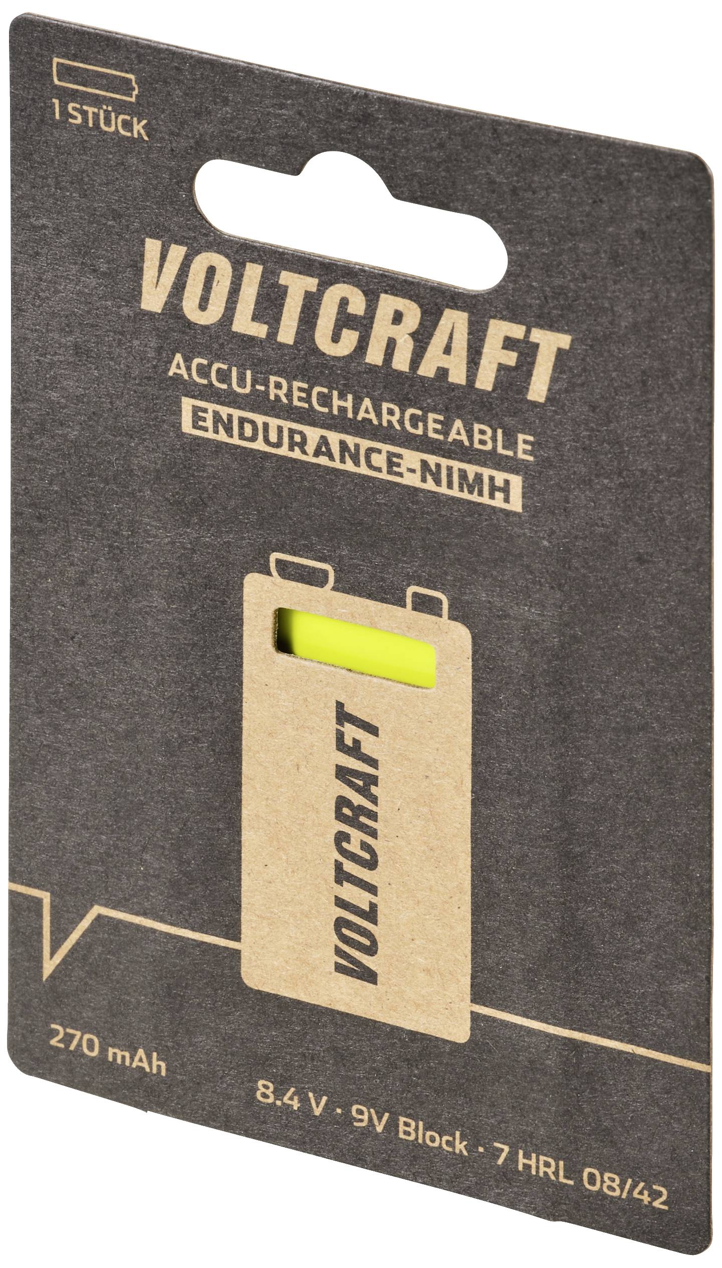 'VOLCRAFT' 270 mAh 8.4V-9V NiMH Battery in black packaging with yellow battery symbol, suitable for rechargeable devices.