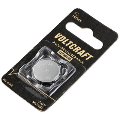 Lithium battery, brand VOLTCRAFT, model 'ML2032', 3V, 65mAh, packaged in black cardboard box, 1 piece.