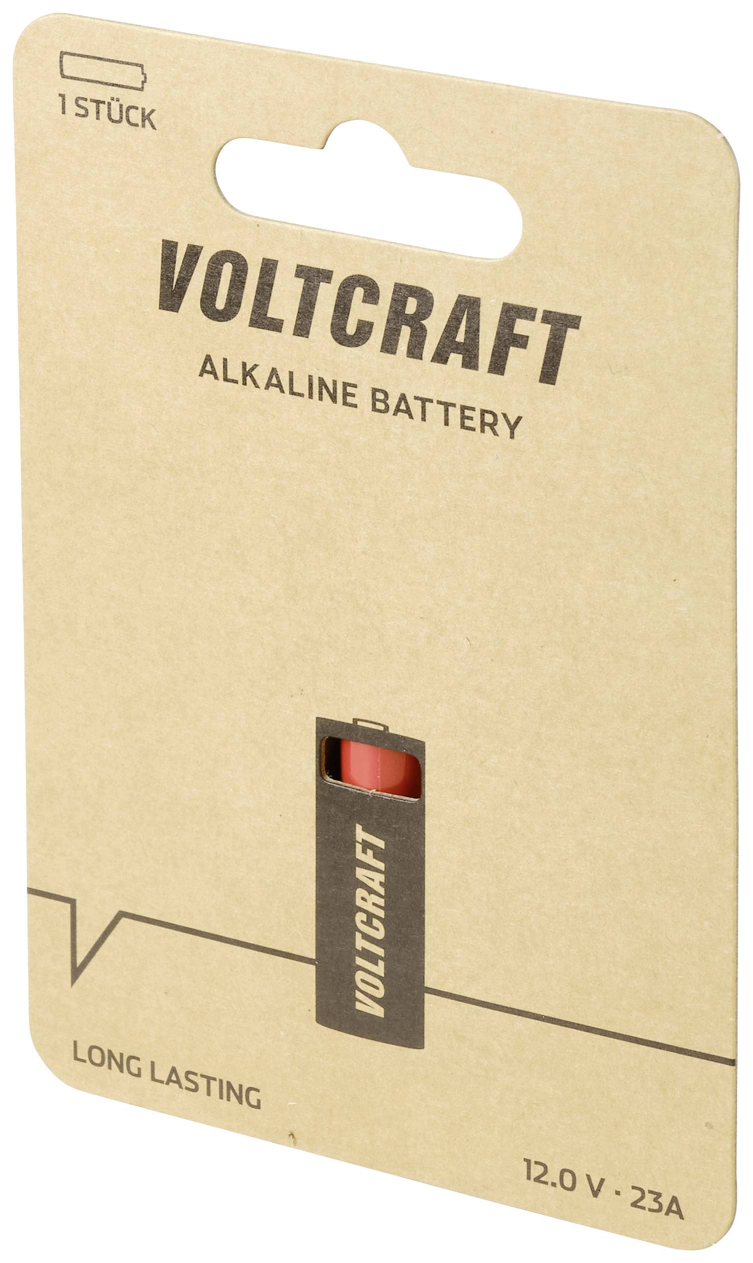 'Voltcraft Alkaline Battery 12.0 V – 23A, 1 piece, long-lasting, packaged on brown cardboard card.'