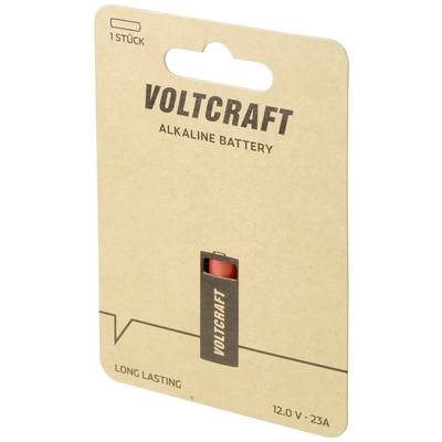 'Voltcraft Alkaline Battery 12.0 V – 23A, 1 piece, long-lasting, packaged on brown cardboard card.'